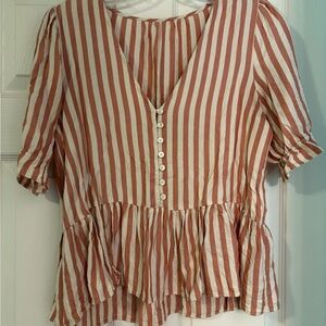 Madewell Rust and White Striped Peplum Blouse